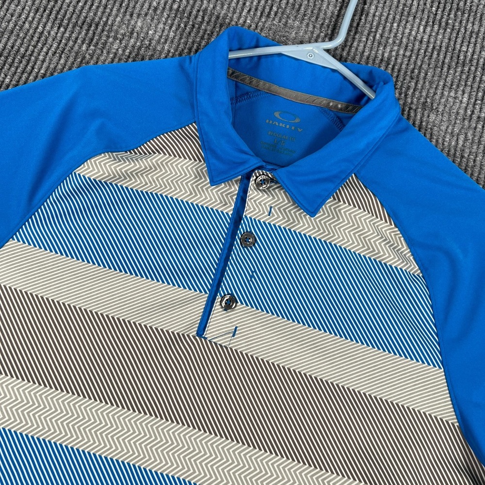 Oakley Polo Shirt Mens Large Blue Striped Short Sleeve Regular Fit Performance